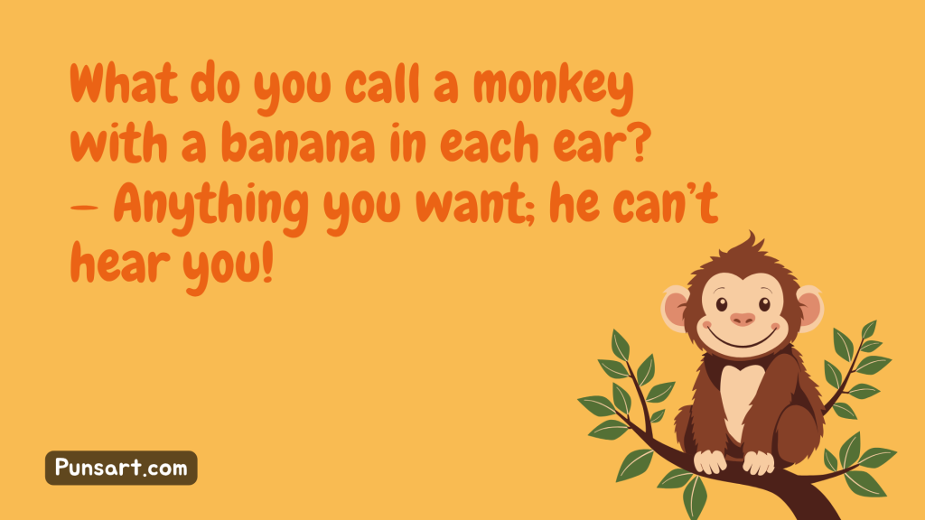What do you call a monkey with a banana in each ear?
— Anything you want; he can’t hear you!